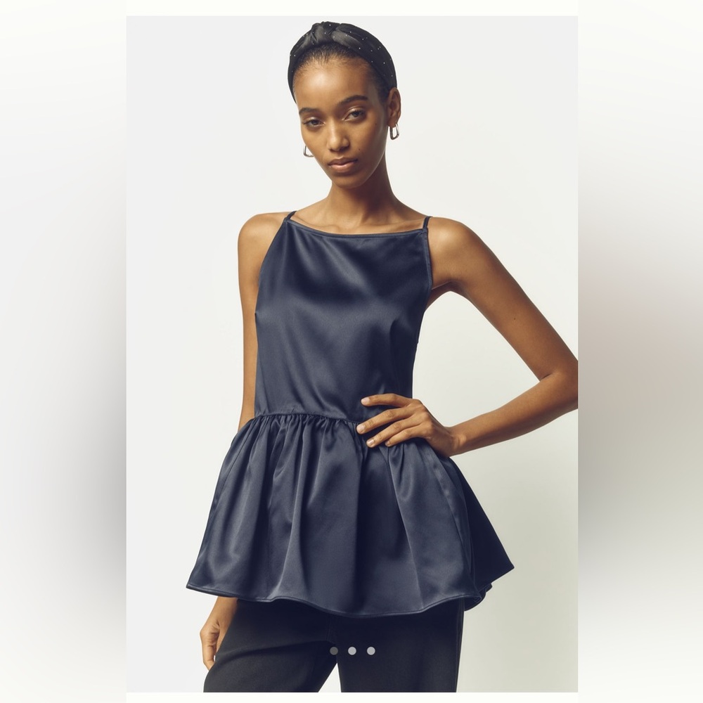 Anthropologie Navy Satin Peplum Blouse